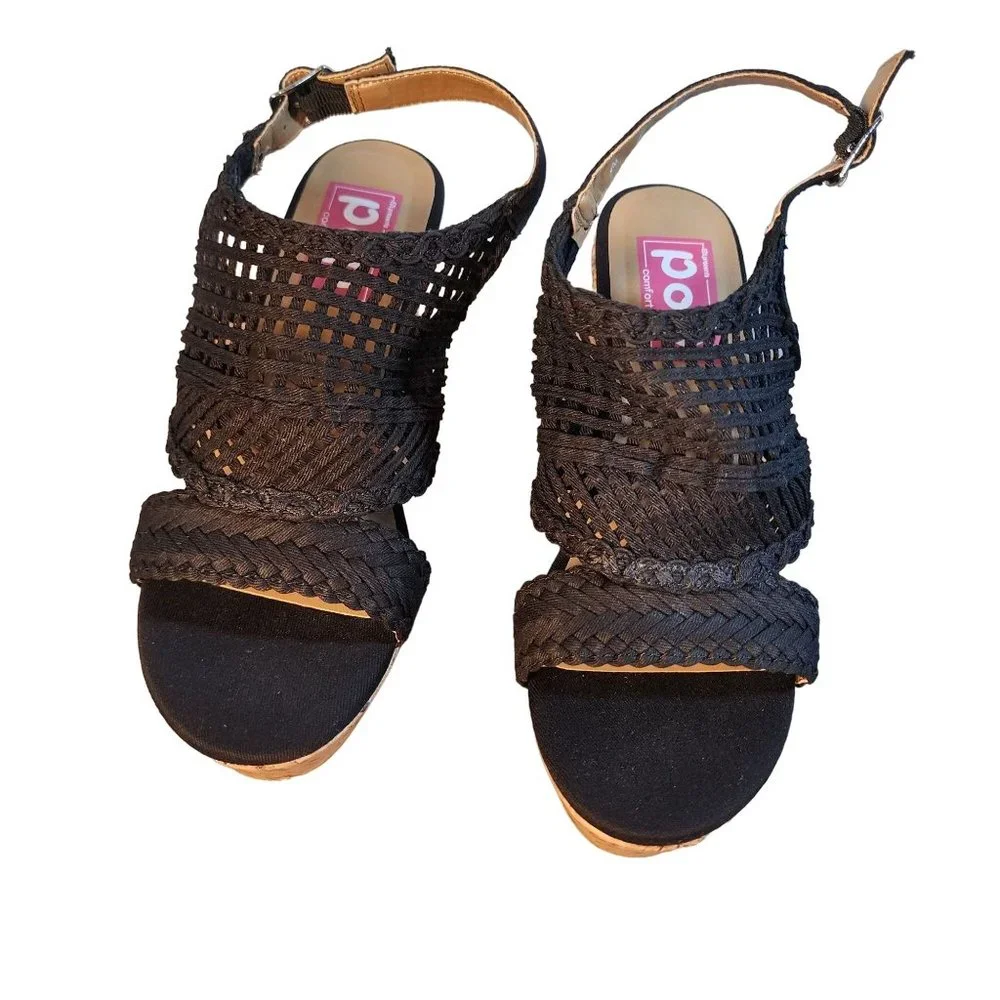 Womens Black Wedge Sandals Cork‎ Heel Woven Braided Open Toe